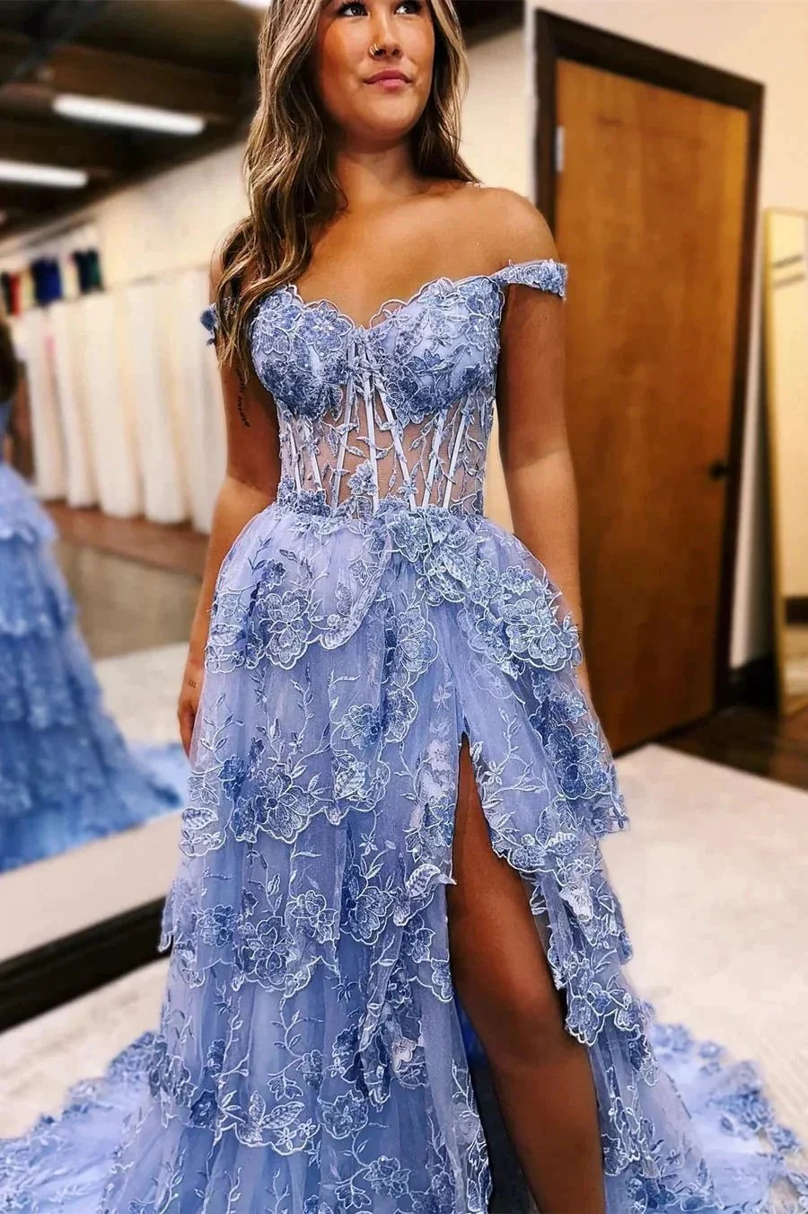 Blue Tulle Appliques Off-the-Shoulder Ruffle Long Prom Dress PSK478 - Image 3