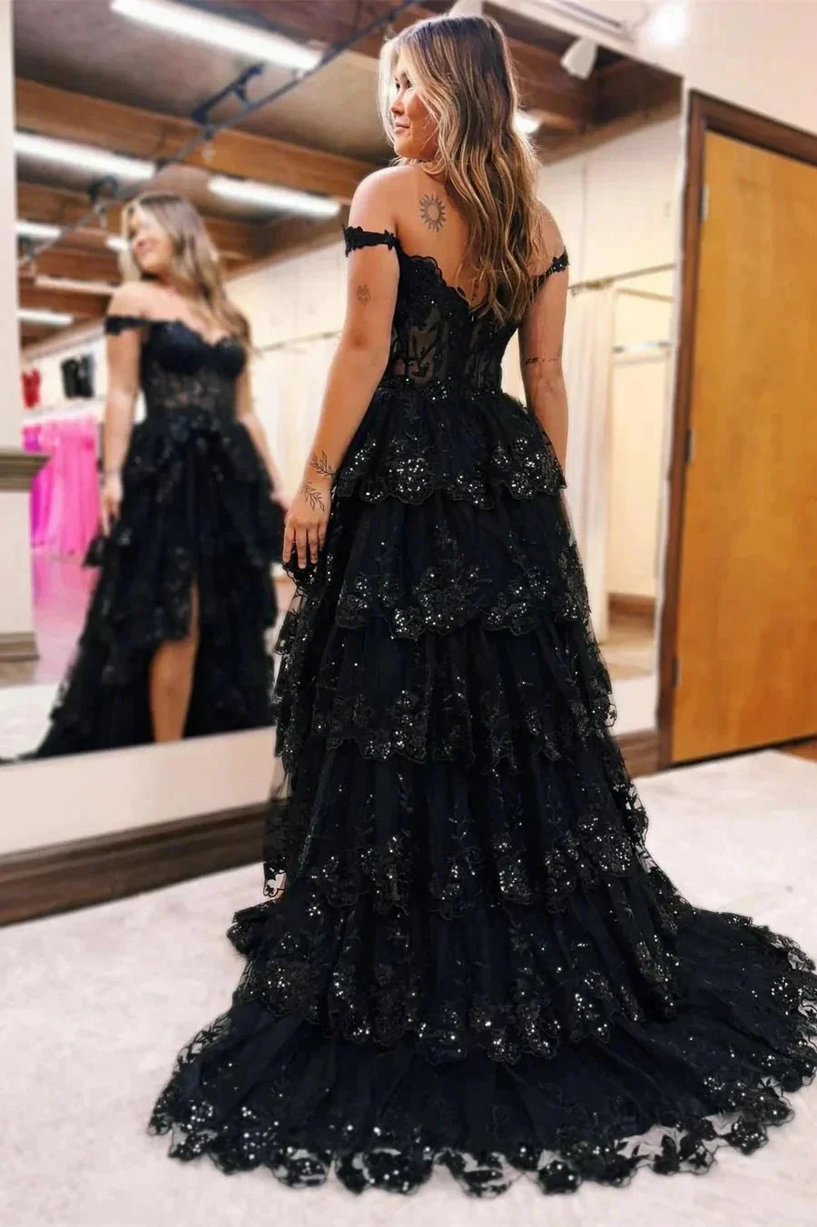 Blue Tulle Appliques Off-the-Shoulder Ruffle Long Prom Dress PSK478 - Image 8