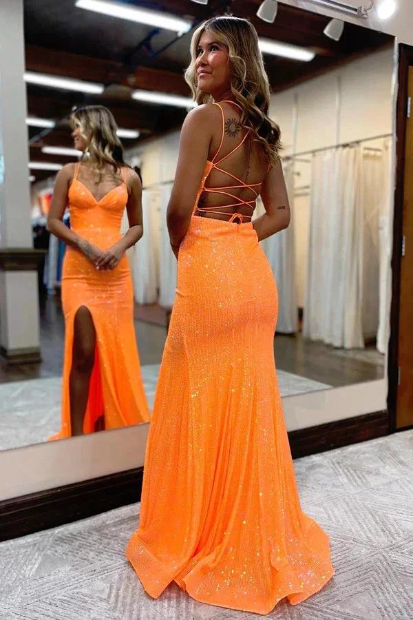 Mermaid Spaghetti Straps Orange Tight Prom Dress With Split PSK442 - Image 3