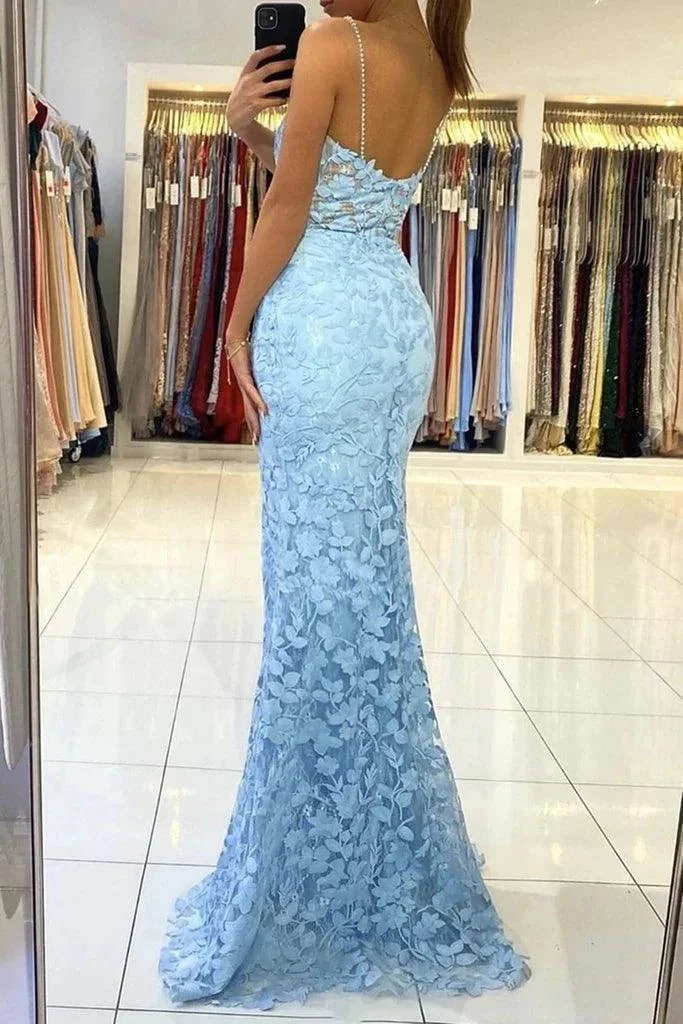 Mermaid V Neck Backless Blue Lace Long Prom Evening Dress  PSK422 - Image 3