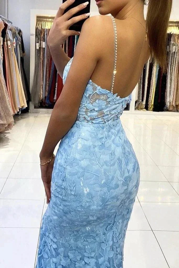 Mermaid V Neck Backless Blue Lace Long Prom Evening Dress  PSK422 - Image 6
