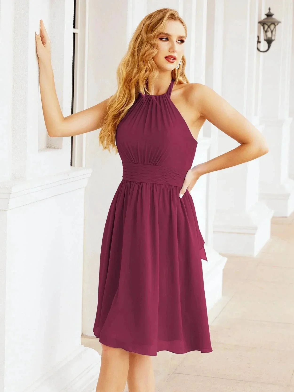 Numbersea Halter Chiffon Bridesmaid Dresses Short Sleeveless Formal Party Dress Open Back 28023 - Image 163