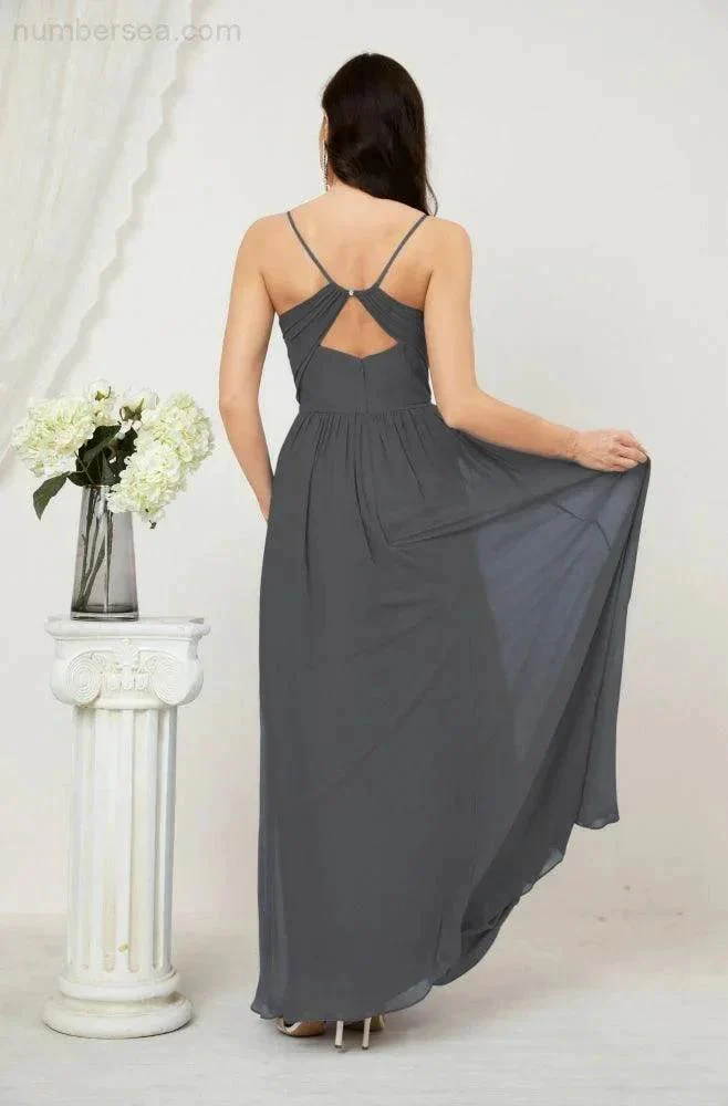 Numbersea Neck Bridesmaid Dresses Chiffon Long Spaghetti A-line Formal Prom Gown for Wedding Party Evening 2801 - Image 150