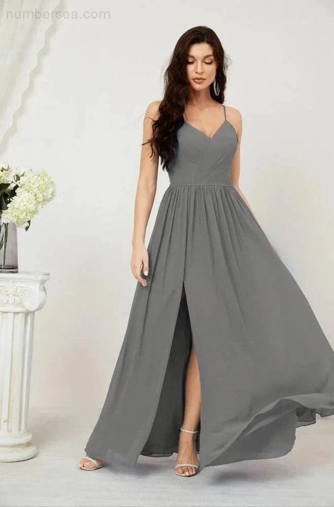 Numbersea Neck Bridesmaid Dresses Chiffon Long Spaghetti A-line Formal Prom Gown for Wedding Party Evening 2801 - Image 79