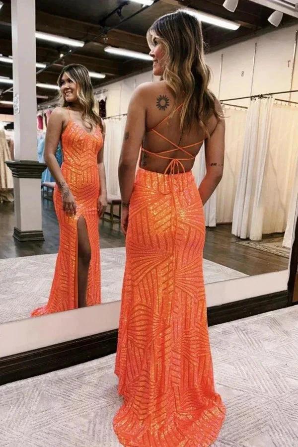 Sparkly Sequin Orange Long Glitter Prom Dress With Split PSK443 - Image 3